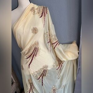 Elegant Cream fabric with Gold Embellishments Jalabiya caftan Party Dress fabric
